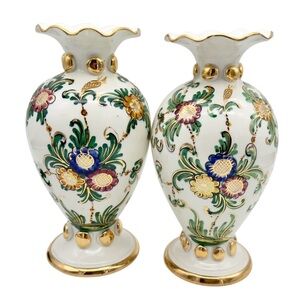 Italian Hollywood Regency Style Vase Set Pair Ruffle Top Flora Vintage MCM Italy